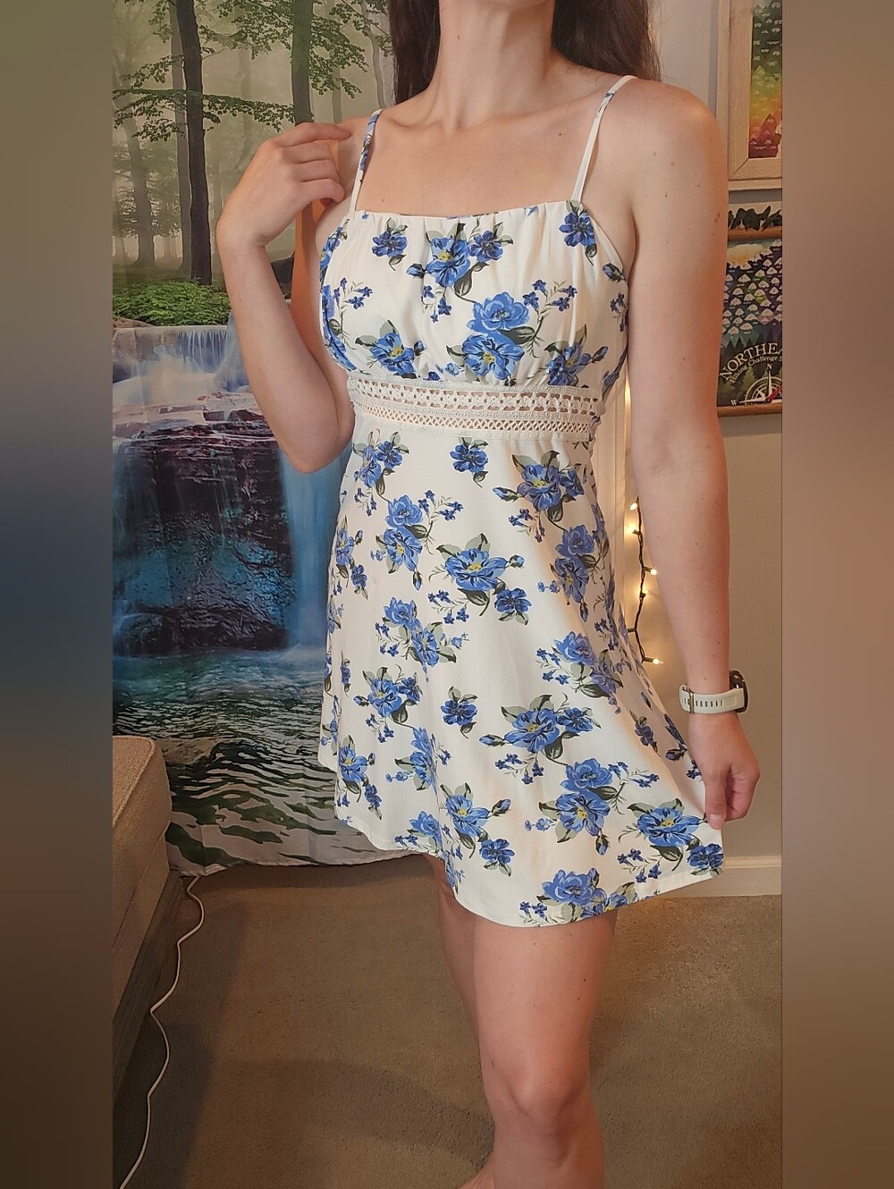 White Mini Dress with Blue Floral Print